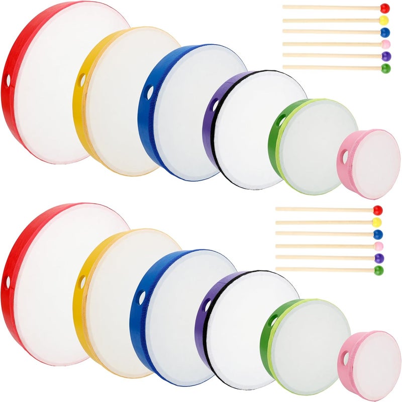Norcoin 12 Set Hand Drums with Drum Sticks 12 Inch 10 Inch 8 Inch 7 Inch 6 Inch 4 Inch Wood Frame Drum Percussion Instruments for Kids Adults Church Party Beginners Gifts School - Image 1